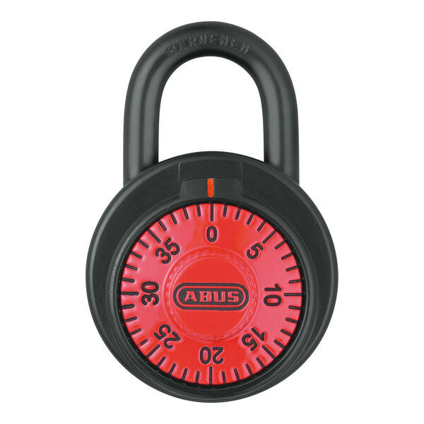 An ABUS combination padlock with a red and black dial.