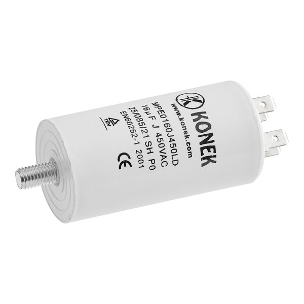 A white cylindrical capacitor with black text on the cap.