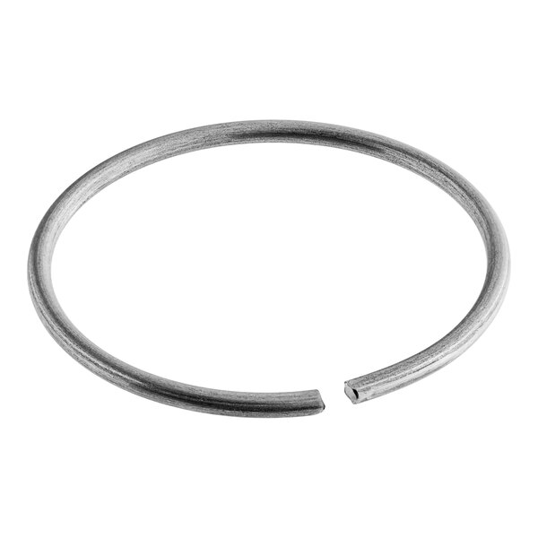 A silver metal elastic retainer ring with a small hole in it.