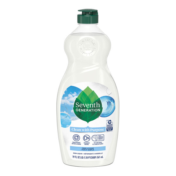 A plastic bottle of Seventh Generation Free & Clear dish soap with a green leaf and white text.