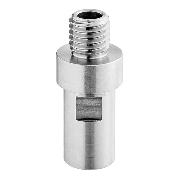 A close-up of a stainless steel threaded pipe fitting for the Noble Warewashing Upper Branch Washing Shaft.