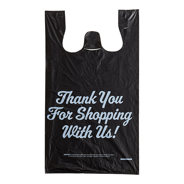 A black Source Direct Inc. plastic T-shirt bag with white "Thank You" text.