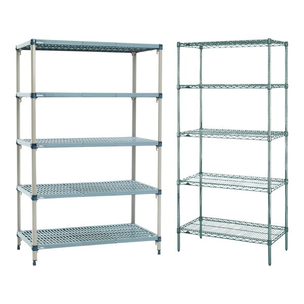 A Metro custom wire shelving unit with four metal shelves.