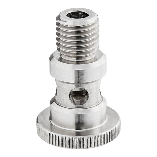 A close-up of a stainless steel threaded metal tube with a threaded screw.