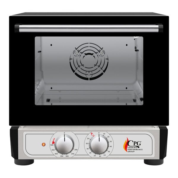 A black and silver Cooking Performance Group countertop convection oven with knobs.