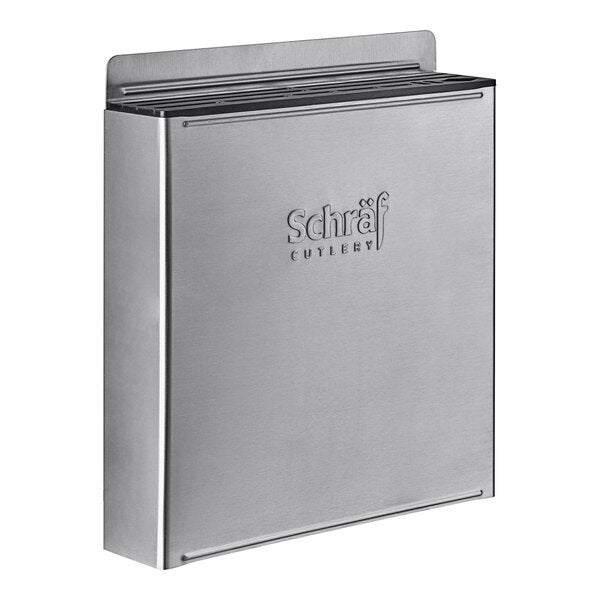 A stainless steel Schraf knife rack with an enclosed back.