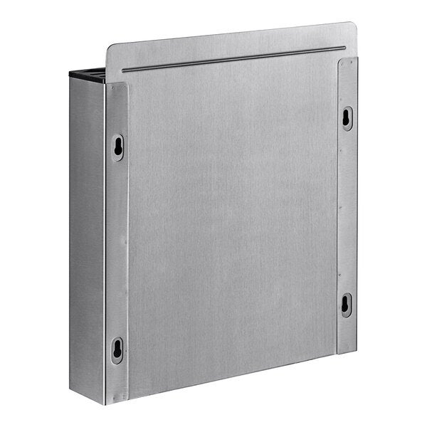 A silver rectangular stainless steel knife rack with enclosed back.