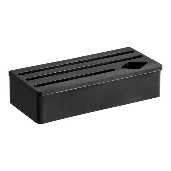 A black rectangular plastic insert with four compartments for knives.
