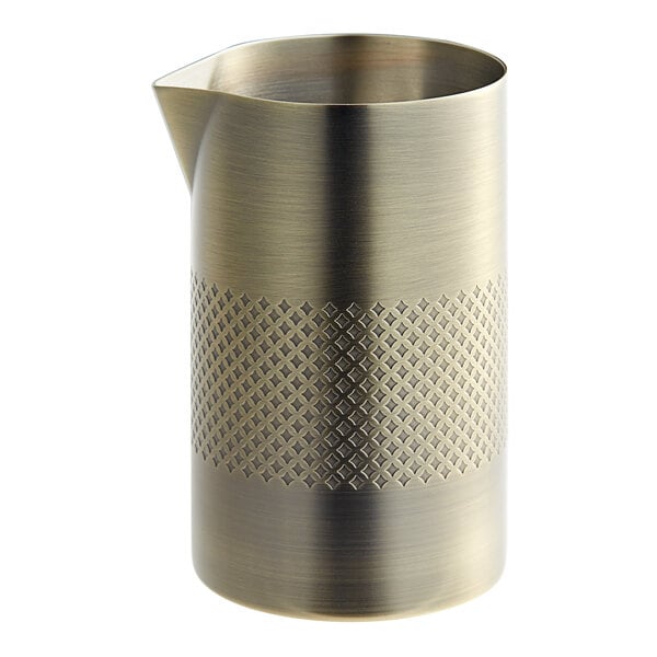 A Barfly stainless steel mixing tin with an antique gold lattice design on the surface.