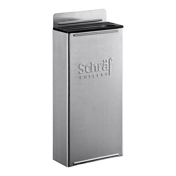 A Schraf stainless steel wall-mount knife rack with enclosed back.