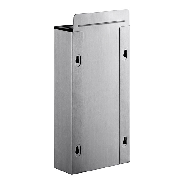 A silver rectangular stainless steel Schraf knife rack with enclosed slots.