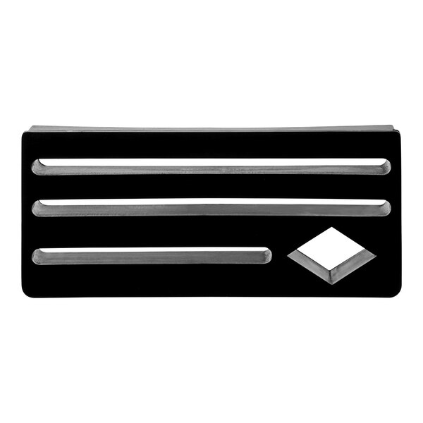 A black rectangular Schraf knife rack with diamond cutouts.