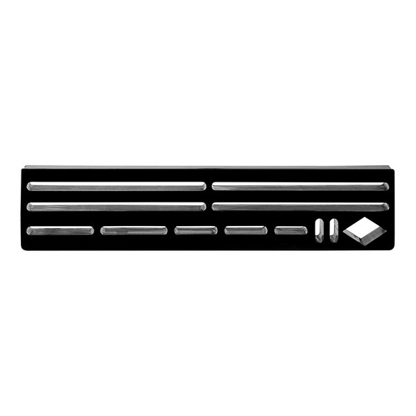 A black rectangular Schraf stainless steel knife rack with open slots.