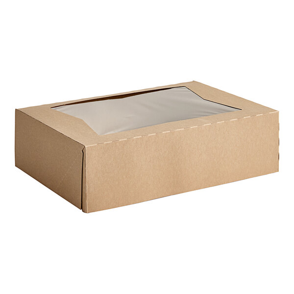 A brown cardboard bakery box with a clear plastic window.