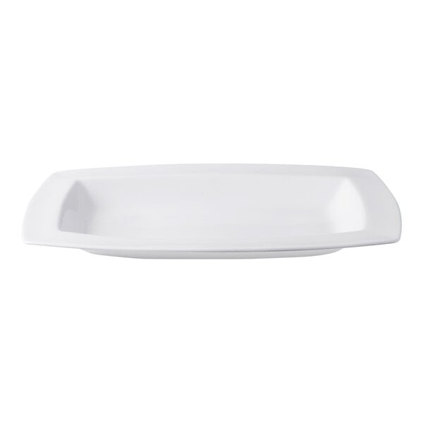 A white, rectangular porcelain bowl with slightly curved edges, shown from a side view.