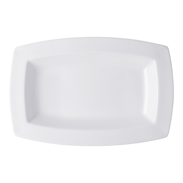 A white, rectangular porcelain bowl with slightly curved edges, viewed from above.