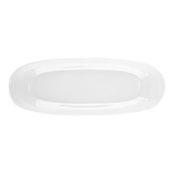 A white, oval-shaped porcelain plate with a smooth, glossy finish.