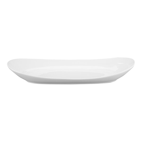 A white, oval-shaped porcelain plate with slightly raised edges, shown from a side view.