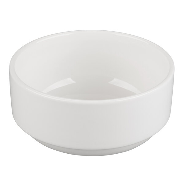 A white porcelain bouillon bowl with a stacking design and a 10 oz. capacity.