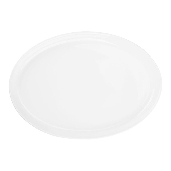 A plain, white, oval-shaped porcelain tray with a slightly raised rim.