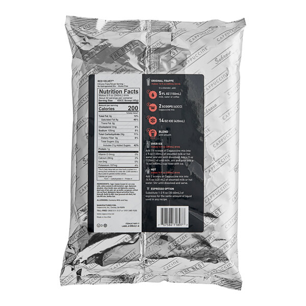 A package of Cappuccine Supreme Red Velvet Frappe Mix with a label of nutrition facts.