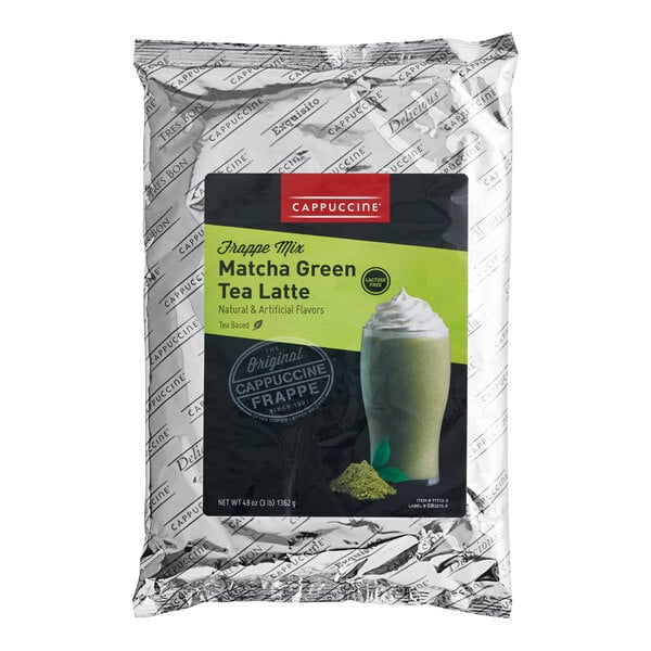 A package of Cappuccine Supreme Matcha Latte Frappe Mix with green tea latte powder inside.