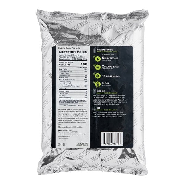 A package of Cappuccine Supreme Matcha Latte Frappe Mix with the label on it.