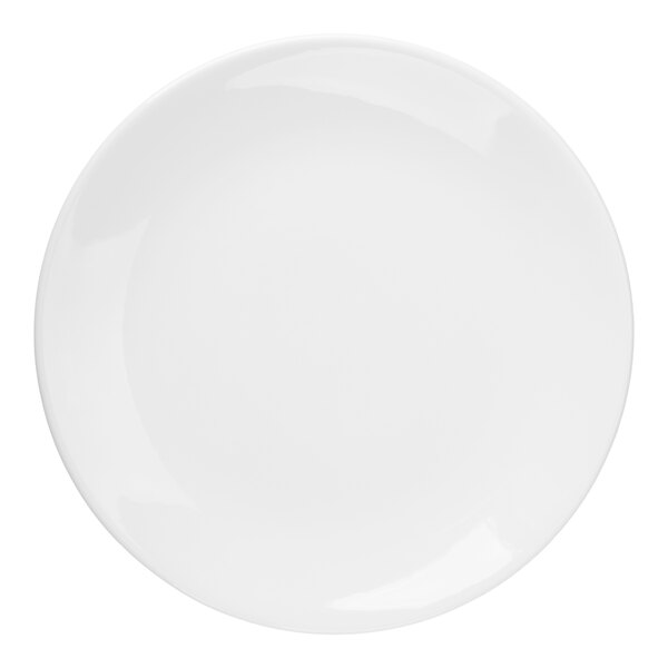 A plain, round, white plate viewed from above.