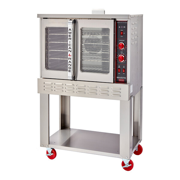 A commercial single-deck electric convection oven with a stainless steel exterior, glass doors, control panel, and red caster wheels.