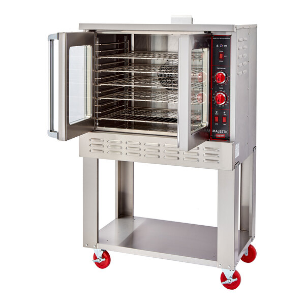 A commercial single-deck electric convection oven with a stainless steel exterior, open doors, multiple racks, and red control knobs, mounted on a stand with red caster wheels.