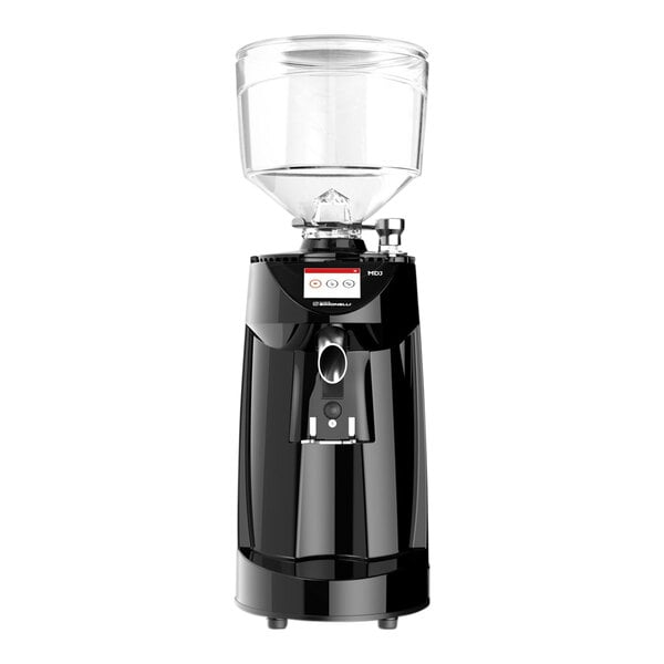 A Victoria Arduino black espresso grinder with a clear glass container.
