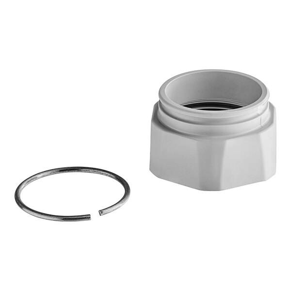 A white plastic nut and ring set for a Main Street Equipment washing adapter.