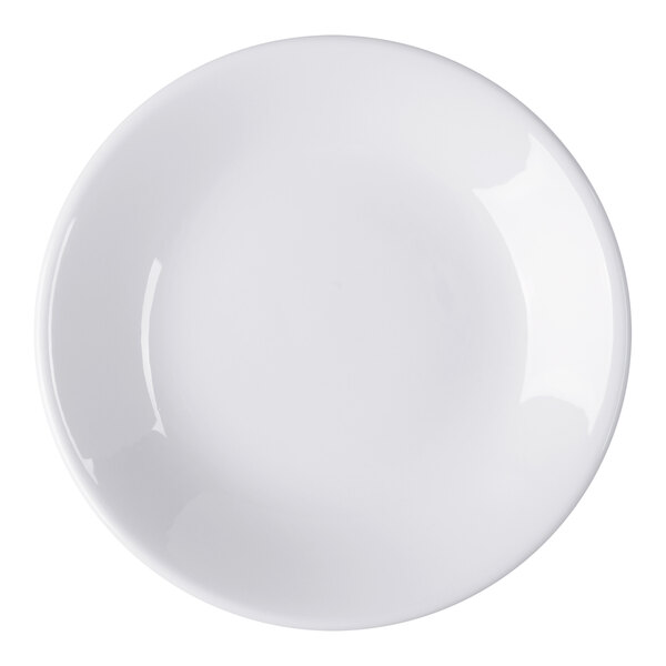 A round white porcelain coupe plate.