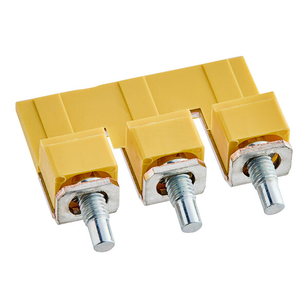 A Main Street Equipment 3-way bridge terminal with yellow plastic blocks and screws.