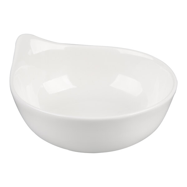 A white, asymmetrical porcelain bowl with a smooth, glossy finish.