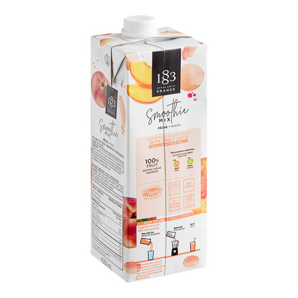 A white carton of 1883 Maison Routin Peach Smoothie Mix with peach and apple illustrations.