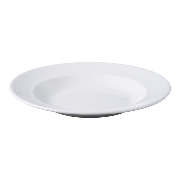 A white round porcelain entree and pasta bowl with a wide rim and shallow center.