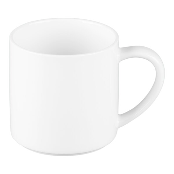 A plain white ceramic mug with a handle, shown against a white background.