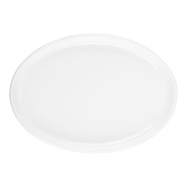 A plain, white, oval-shaped porcelain tray with a smooth surface.