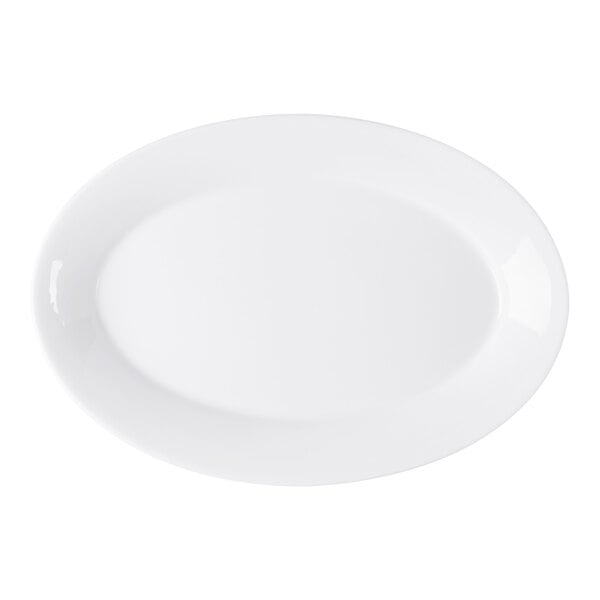 A plain white oval platter with a smooth, glossy finish.