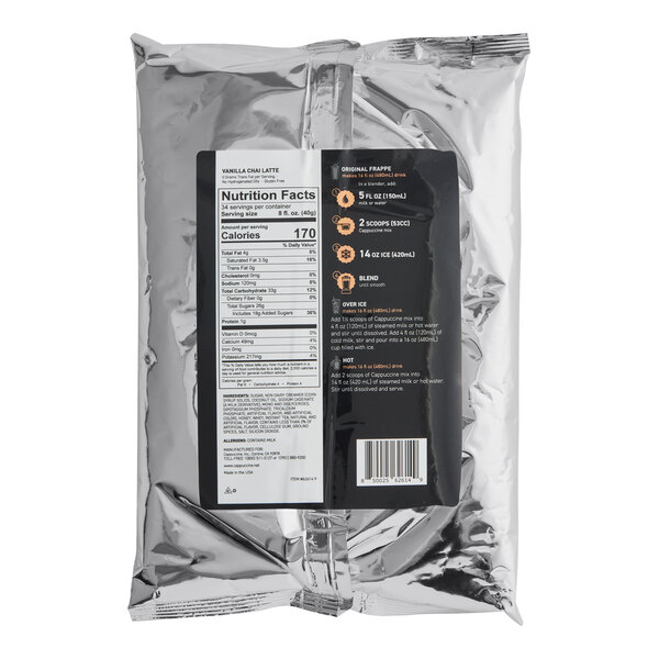 A black package of Cappuccine Supreme Vanilla Chai Frappe Mix with white text and label.