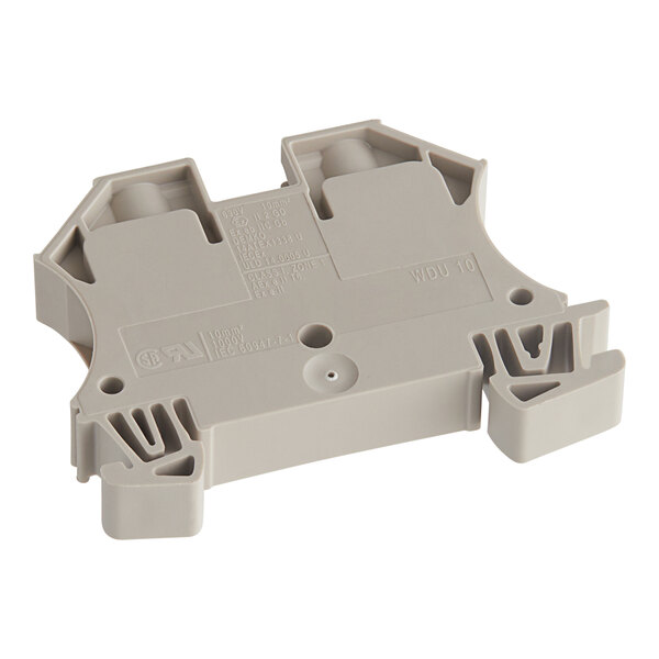 A white plastic Noble Warewashing power terminal with two holes.