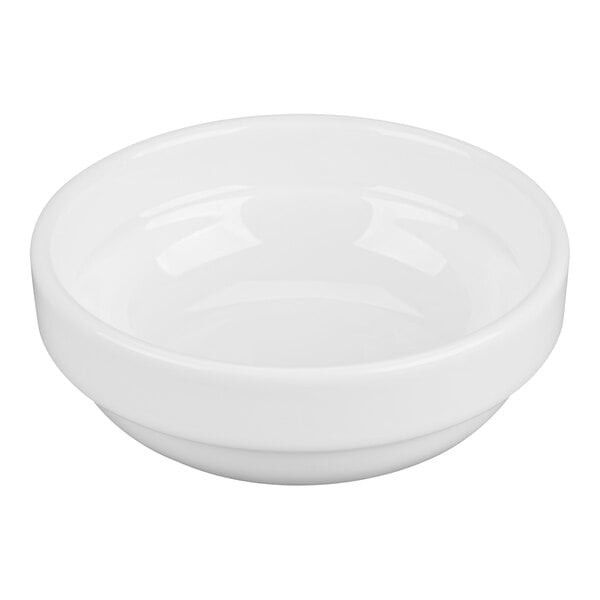 A plain, round, white porcelain bowl with a smooth, glossy finish.