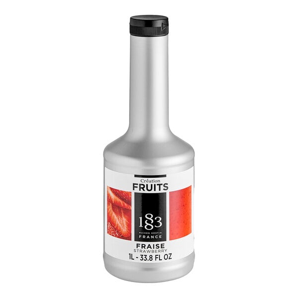 A silver bottle of 1883 Maison Routin Strawberry Puree with a white label and black cap.