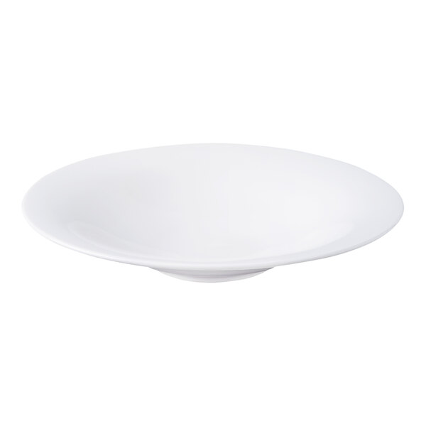 A plain, white, round porcelain bowl with a wide rim and shallow depth.