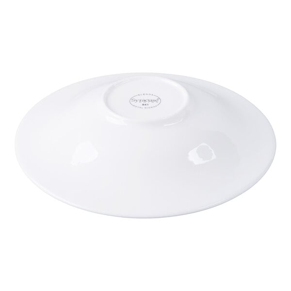 A white, round porcelain bowl shown upside down on a white background.