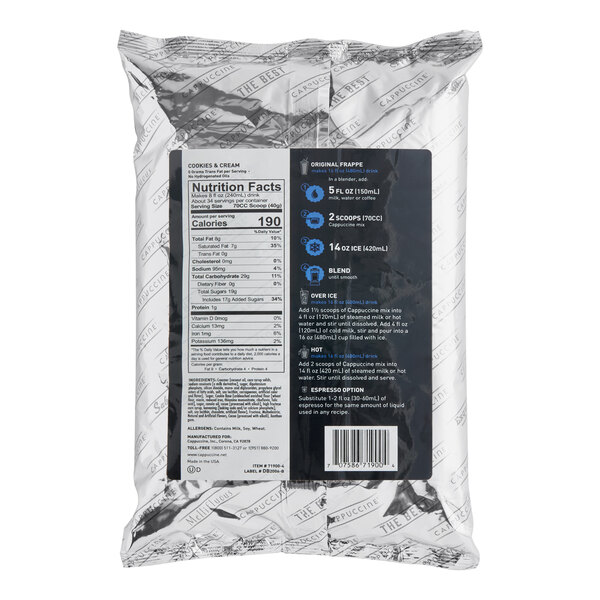 A black package of Cappuccine Supreme Cookies & Cream Frappe Mix with white and blue text.