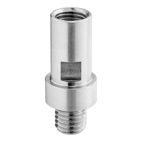 A stainless steel Main Street Equipment upper branch washing shaft with a threaded connector and nut.