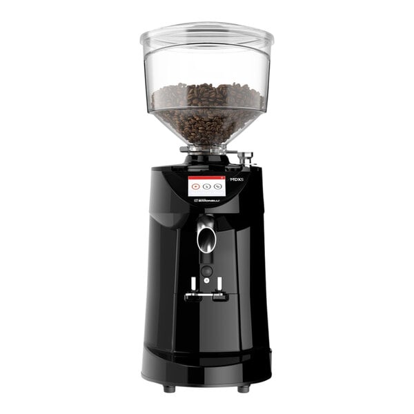 A Victoria Arduino black espresso grinder with a clear container full of coffee beans.