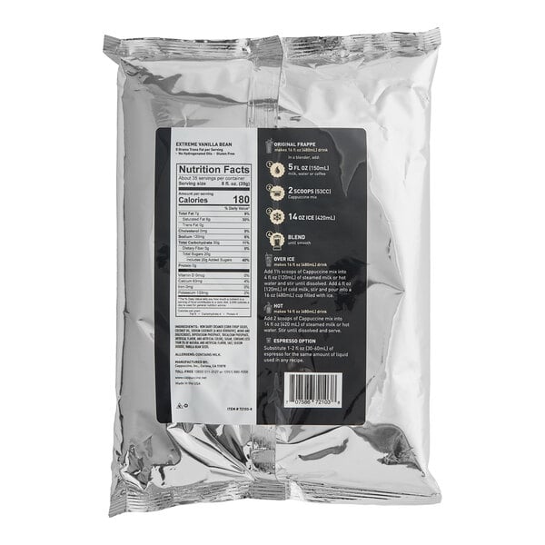 A package of Cappuccine Supreme Vanilla Bean Frappe Mix with a label.